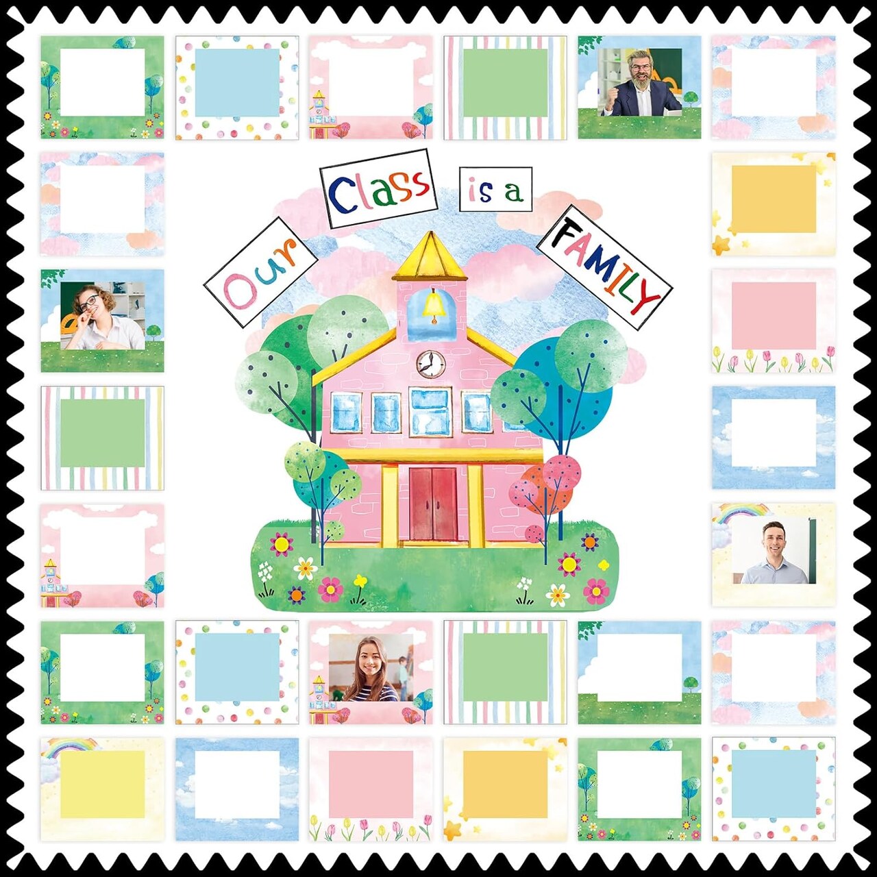 Our Class Is a Family Bulletin Board Set with Picture Frame Cutouts, Schoolhouse and Nature-Themed Classroom Decorations for Back to School Displays